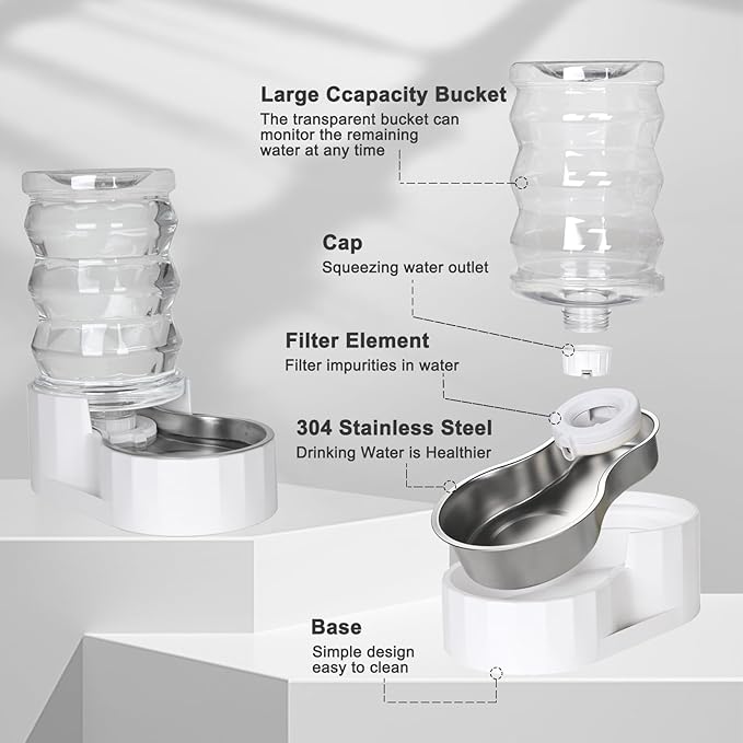 RIZZARI Automatic Gravity Pet Waterer: 7L White Stainless Steel Water Dispenser - 100% BPA-Free - Large Capacity Water Feeder for Cats and Small and Medium-Sized Dogs