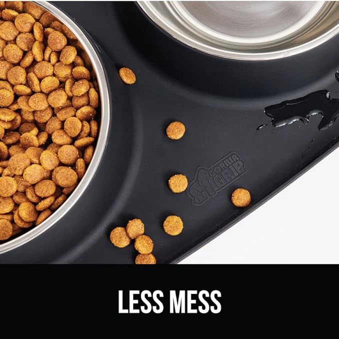 GORILLA GRIP Feeding Mat Set, 4 Cup, Patent Pending 100% Waterproof BPA Free Silicone, Stainless Steel Cat and Dog Bowls, Slip Resistant, High Edges Catch Water Food, US Designed Pet Accessories Black