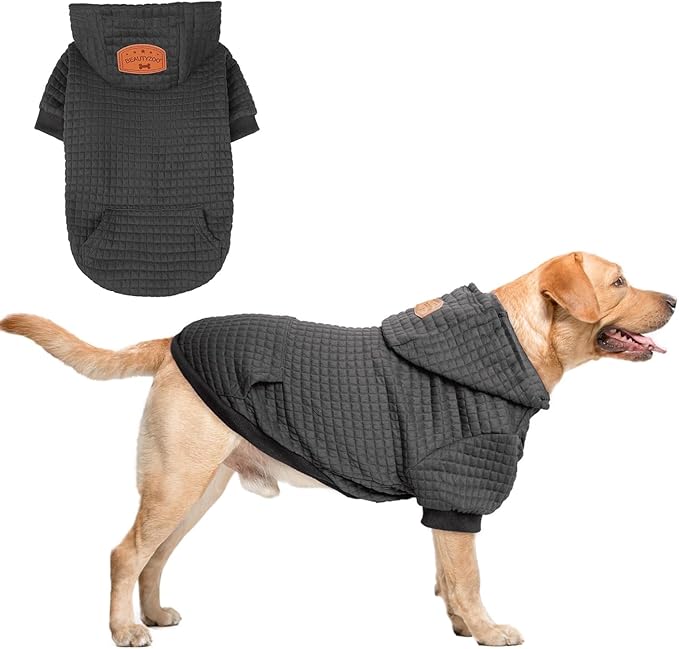 BEAUTYZOO Small Dog Hoodie Sweater with Pockets, Dog Clothes for Small Medium Dogs Boy Girl, Waffle-Like Laminated Cotton Pet Coats with Hat and Leash Hole, Black XL