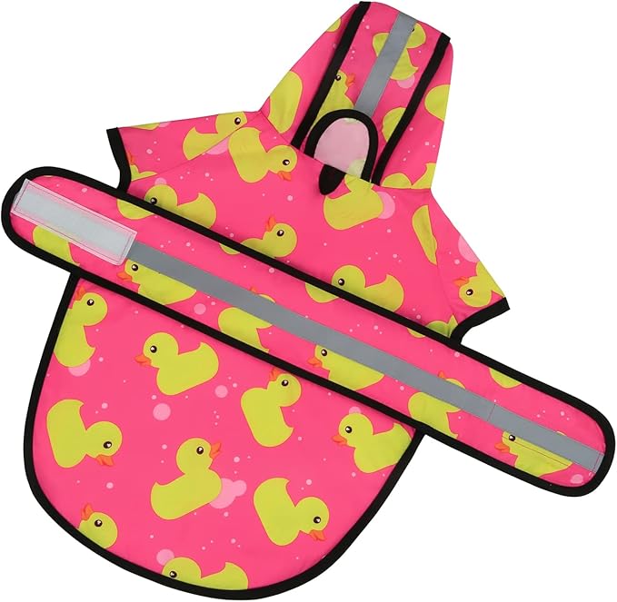 HDE Dog Raincoat Jacket Reflective Adjustable Hooded Pet Poncho Rain Coat with Leash Hole for Small to X-Large Dogs Pink Ducks - S