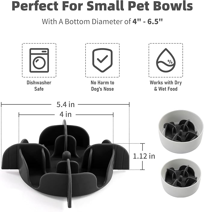 Jaoul Slow Feeder Dog Bowls Insert, 5.4 Inch Cuttable Slow Feeder Insert with 17 Octopus Suction Cups for Small Size Dog Food Bowl (Small, Black)