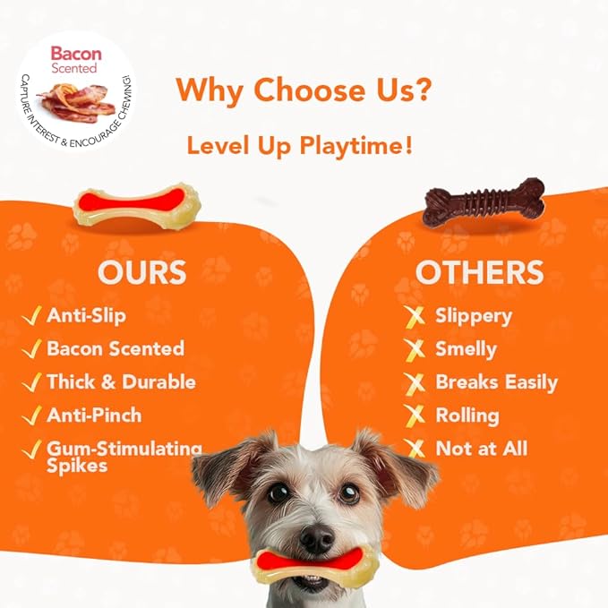 Dental Bone Chew Pet Toy Small, Bacon Scented and Flavored Dog Chew Toys, Orange
