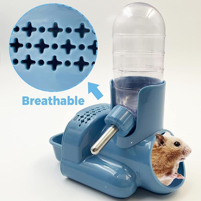 VANNON 3 in 1 Hamster Water Bottle No Drip Small Animal Water Bottle Automatic Bottle Dispenser with Food Container Base Hut and Hideout Base 4oz/120ml,Leekproof, BPA Free