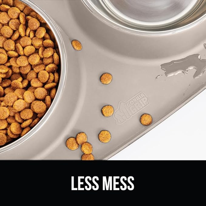 GORILLA GRIP Feeding Mat Set, Patent Pending 100% Waterproof BPA Free Silicone, Stainless Steel Cat and Dog Bowls, Slip Resistant, High Edges Catch Water Food, US Designed Pet Accessories, 1 Cup Beige