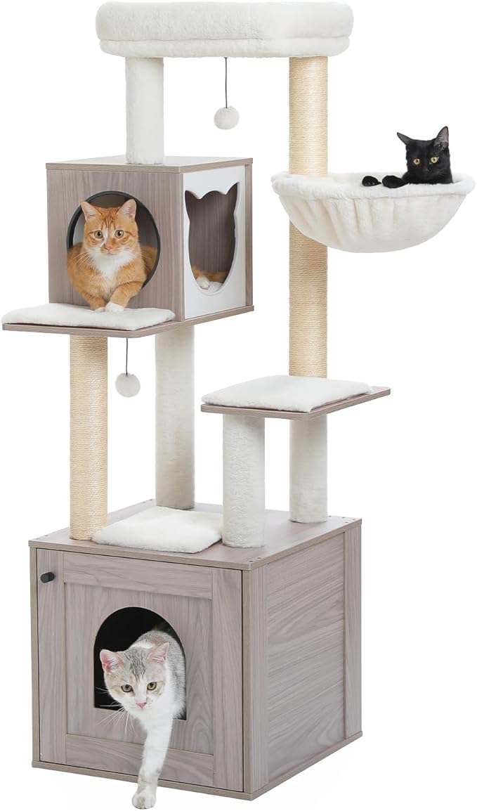 Tall Cat Tree with Litter Box Enclosure 57.5" Wooden Cat Tower for Large Cats with Cat Hammock House Bed (Wood Grey)