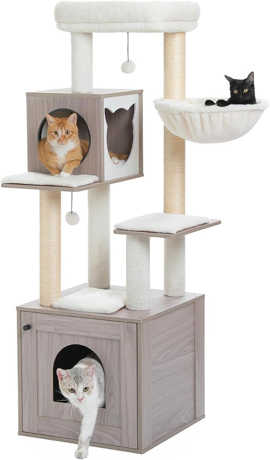 Tall Cat Tree with Litter Box Enclosure 57.5" Wooden Cat Tower for Large Cats with Cat Hammock House Bed (Wood Grey)
