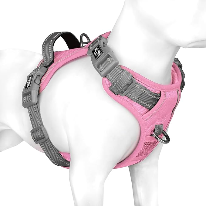 PHOEPET No Pull Dog Harness, Unique Colors Reflective Adjustable Dog Vest, with Soft Training Handle Metal Clips for Small Medium Large Dogs (Baby Pink Base & Grey Straps,L)