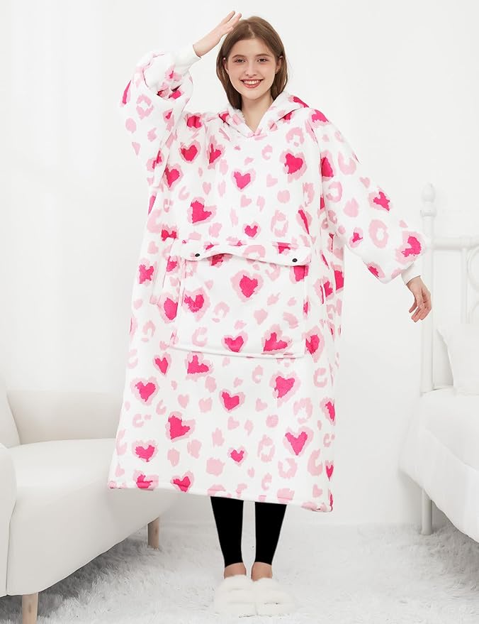 KFUBUO Wearable Blanket Hoodie for Adult Long Sherpa All Patterns Heart Oversized Hoodie Sweatshirt Blanket with Pockets Valentine Gifts for Her