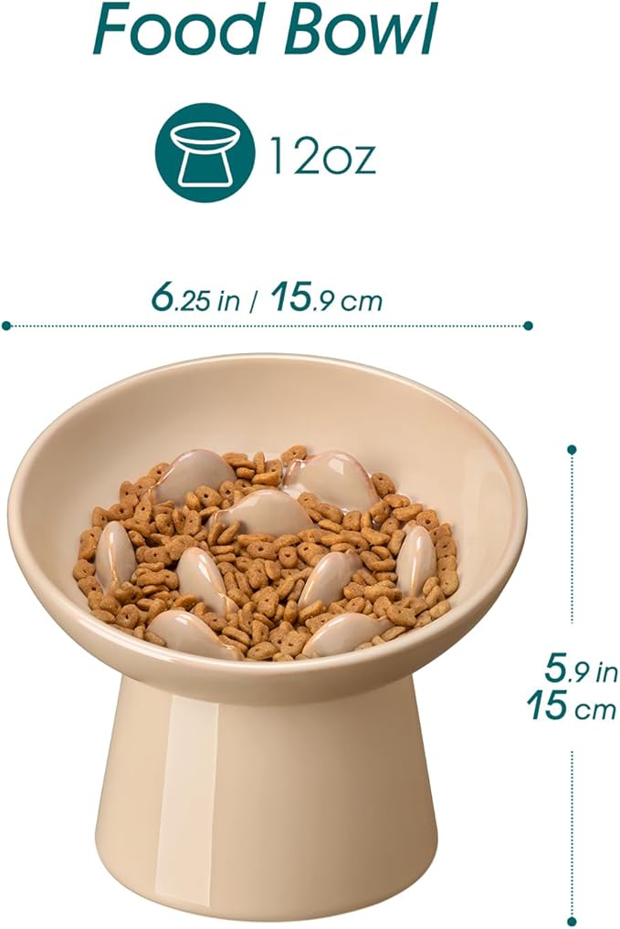 vancasso Ceramic Slow Feeder Cat Bowl, 6.25 Inch Elevated Cat Slow Feeder Bowl, Anti Vomiting for Dry and Wet Food, Brown