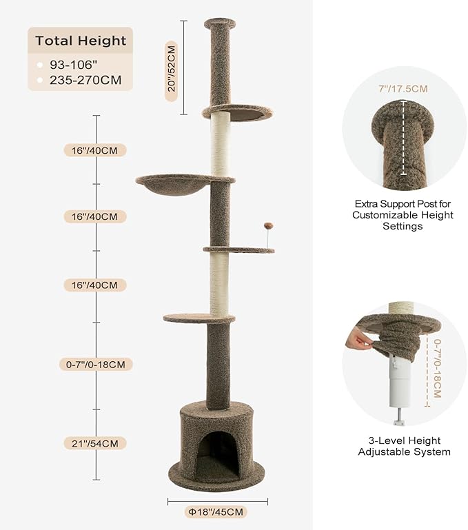 Made4Pets Floor to Ceiling Cat Tree 93-106'',Tall Cat Tower 5 Tiers, Adjustable Height, Stable Cat Tree Tower with Scratching Posts, Fluffy Condo, Hammock and Ball Toy for Indoor Cats/Kitten, Brown