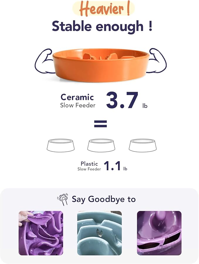 LE TAUCI Slow Feeder Dog Bowls Ceramic,3 Cups Slow Feeding Dog Bowl Medium Large Breed, Pet Bowl for Fast Eaters, Puzzle Pet Dishes,Sun Orange