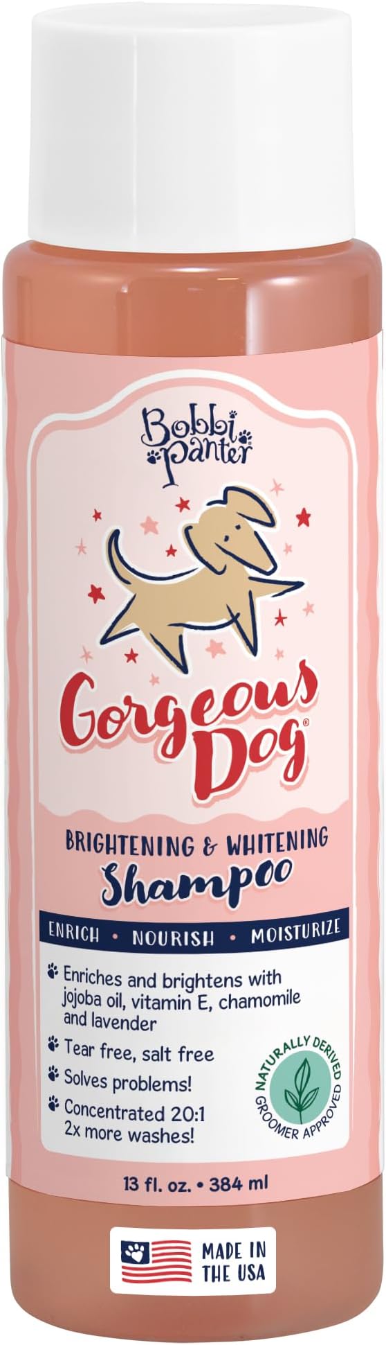 Bobbi Panter Dog Shampoo - Made in USA - All Natural Formula for Whitening All Coats, Enhances Shine & Moiturizes - Concentrated 20:1 for Professional Groomers - Peach Scent, 13 Oz