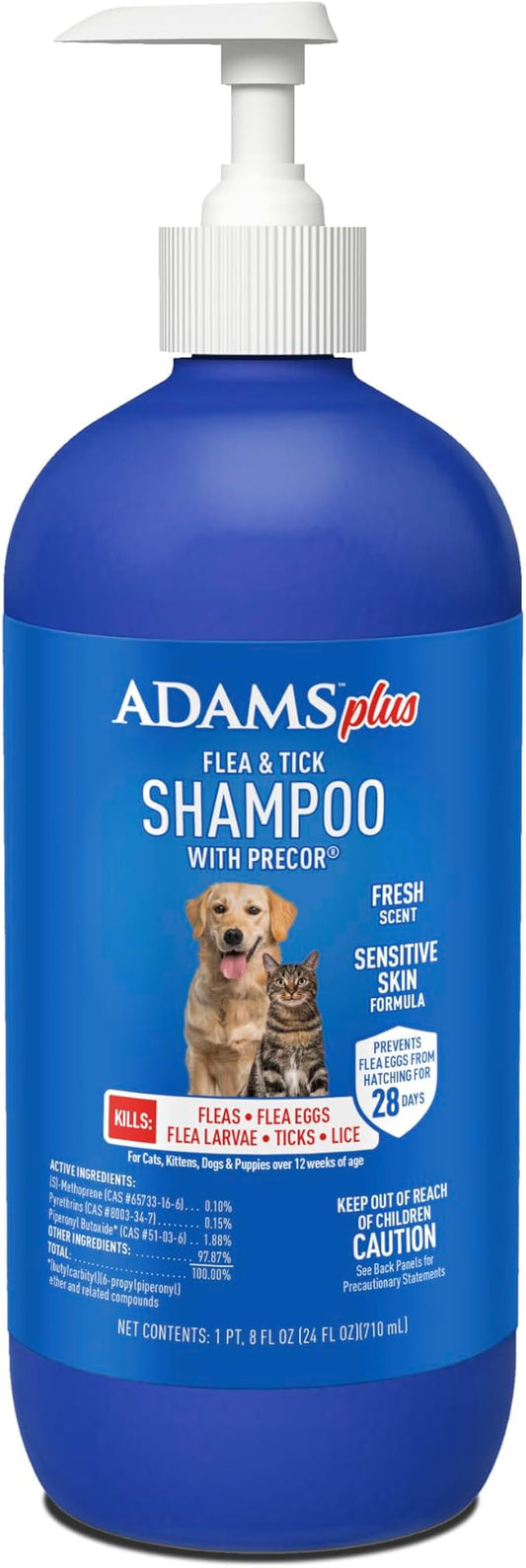 ADAMS Plus Flea & Tick Shampoo with Precor IGR for Cats, Kittens, Dogs & Puppies Over 12 Weeks Of Age, Sensitive Skin Flea Treatment, Kills Adult Fleas, Flea Eggs, Ticks, and Lice, 24 Ounces