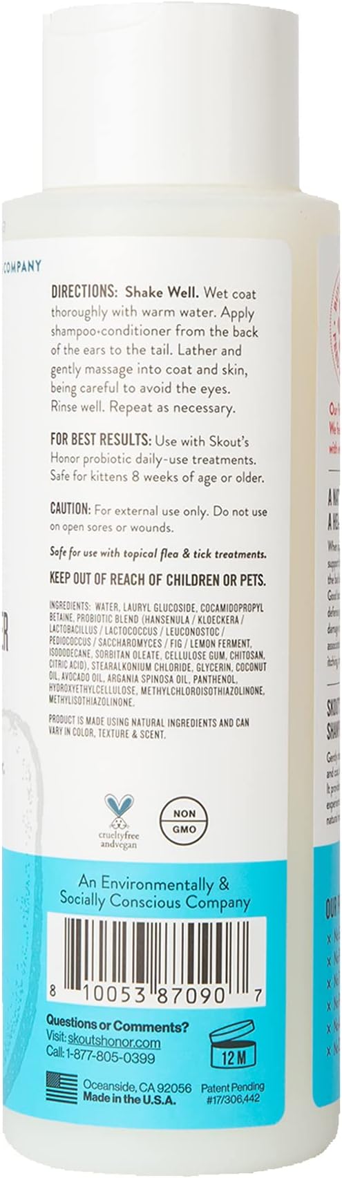 Skout's Honor Unscented Probiotic Cat Shampoo & Conditioner with Avocado Oil & Omega-3s, 97% Natural, Paraben & Sulfate-Free, Cruelty-Free, 16oz, Fragrance Free