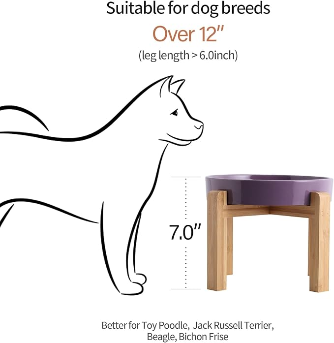 Purple Elevated/Raised Dog Bowl Ceramic Slow Feeder with Wood Stand for Small Medium Large Dogs, 8.66 in Dog Dish to Slow Down Eating,Modern Heavy Slow Puppy Bowl for Fast Eaters
