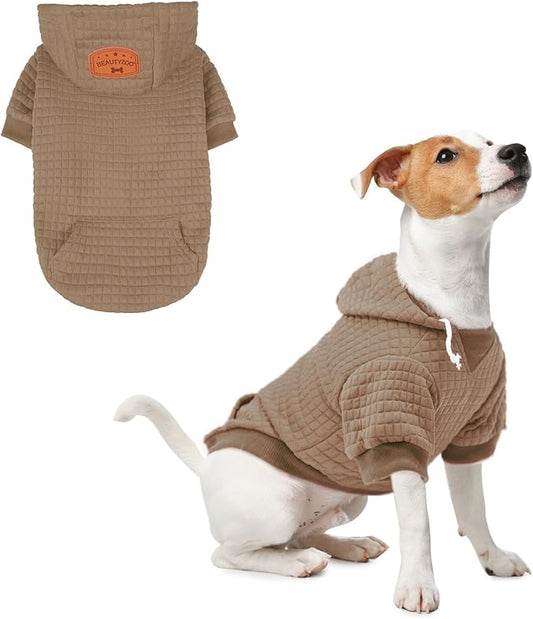 BEAUTYZOO Small Dog Hoodie Sweater with Pockets, Dog Clothes for Small Medium Dogs Boy Girl, Waffle-Like Laminated Cotton Pet Coats with Hat and Leash Hole, Khaki S