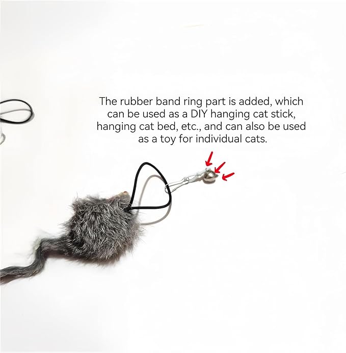 Real Rabbit Fur Mouse Cat Toy - 5 Pack with Crinkle Sound, Rattle & Rope, Extra-Wide Durable Tail, Interactive Hunting Toys for Indoor Cats (No Catnip)