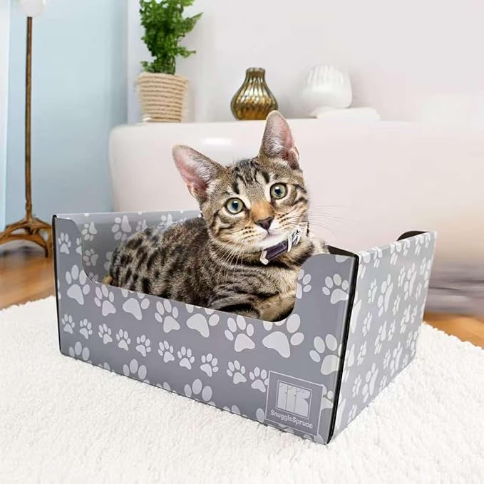 SnuggleSprunce 2-in-1 Cat Scratcher, Heavy Duty Scratching Toy, Eco-Friendly Cardboard Box with Refillable Double Sided Scratch Pad, for Cats and Kitty, Indoor Pet Furniture, Light Gray