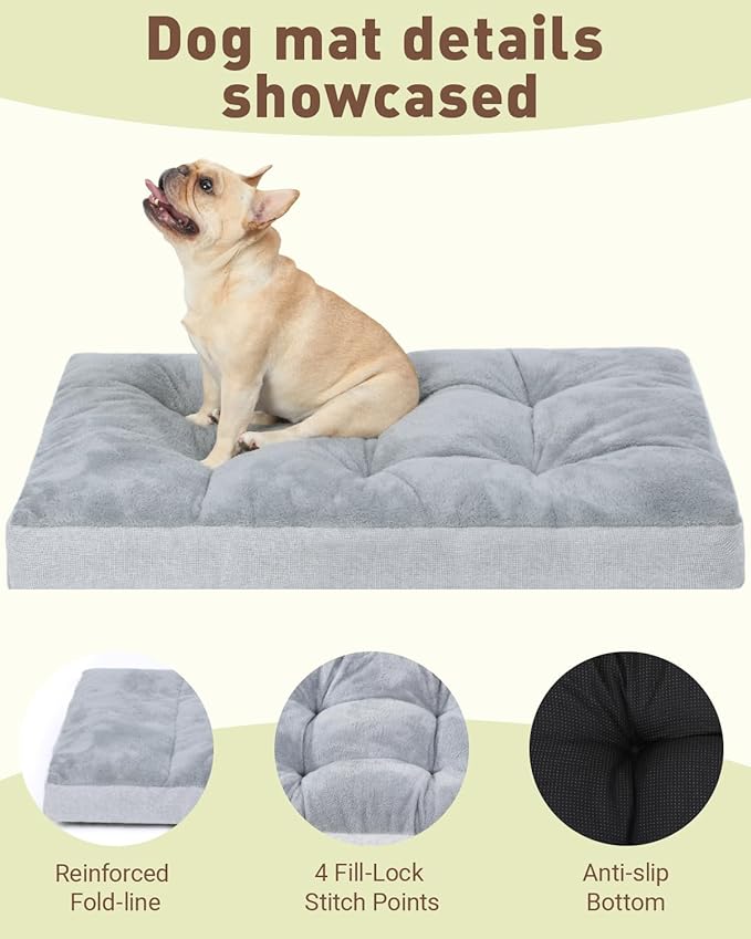 Washable Dog Bed for Large Dog, XL Crate Bed Plush Pet Kennel Pad with Non-Slip Bottom, Pet Sleeping Mat, 41x27 inch, Light Gray