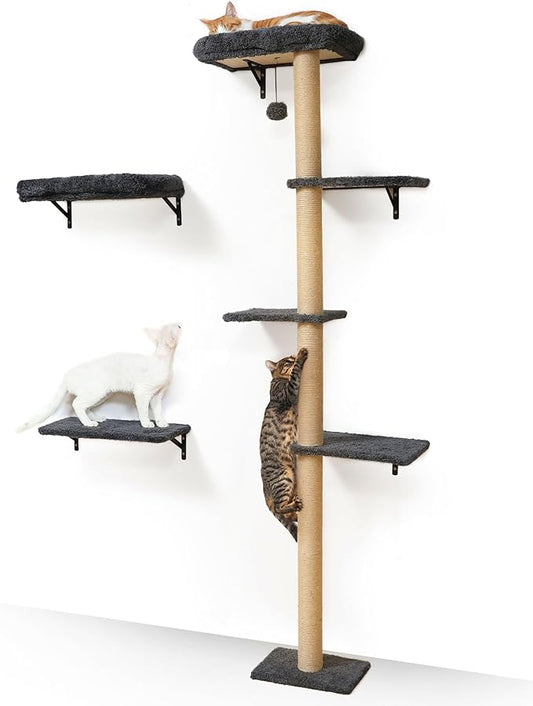 FUKUMARU Cat Wall Shelves, Stable 3-in-1 Wall Mounted Cats Furniture Set, Kitten Scratching Post with Soft Cushion Perch, Space Saving Climbing Wall for 16 Inch Drywall - Gray