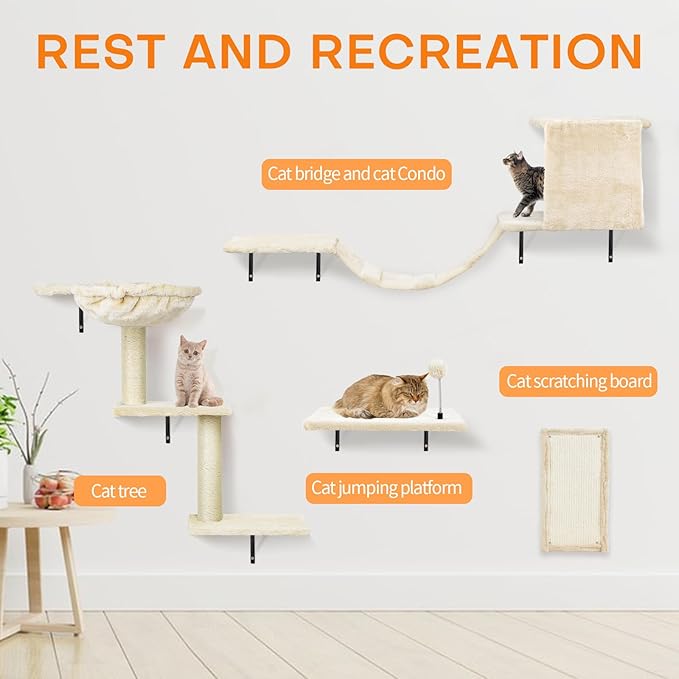 Cat Wall Furniture,Wall-Mounted Cat Climber Set with Cat Wall Shelves, Perches, Condo House, Ladder, Scratching Board & Tree - 5 Pcs Wood Indoor Cat Furniture for Play (Light Grey)