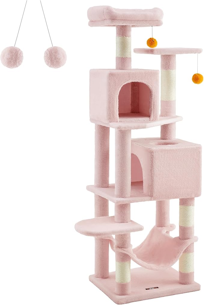 Feandrea Cat Tree, 61-Inch Cat Tower for Indoor Cats, Plush Multi-Level Cat Condo with 5 Scratching Posts, 2 Perches, 2 Caves, Hammock, 2 Pompoms, Jelly Pink UPCT192P01