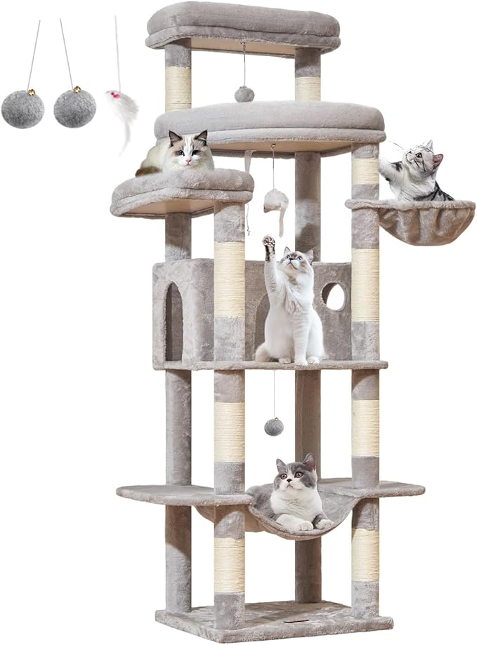 Taoqimiao 71 Inches Cat Tree for Large Cats 20lbs+, 3 Giant Perches, Multi-Level Cat Tree Tower, Widened Cat Condo with 9 Scratching Posts, Luxurious Hammcock & Basket, Light Gray, MS034W