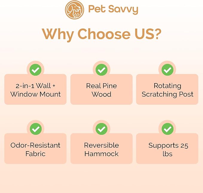 Window/Wall Mount Cat Wall Shelves by Pet Savvy – Cat Hammock (Oatmeal), Scratching Post with Landing, Two Steps – Natural Pine, Jute Rope, Sized for Cats up to 25lbs – 4 pc Set