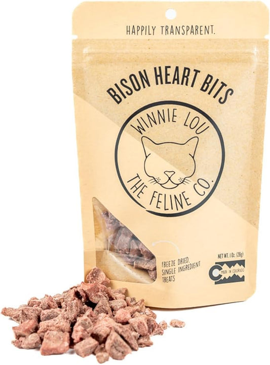Winnie Lou The Canine Co. Grass-Fed Bison Heart Bits Cat Treats (Pack of 3) - Single Ingredient, High Protein Cat Food Snacks, Grain Free & Made in USA, with Taurine, Iron & Zinc for Healthy Cats