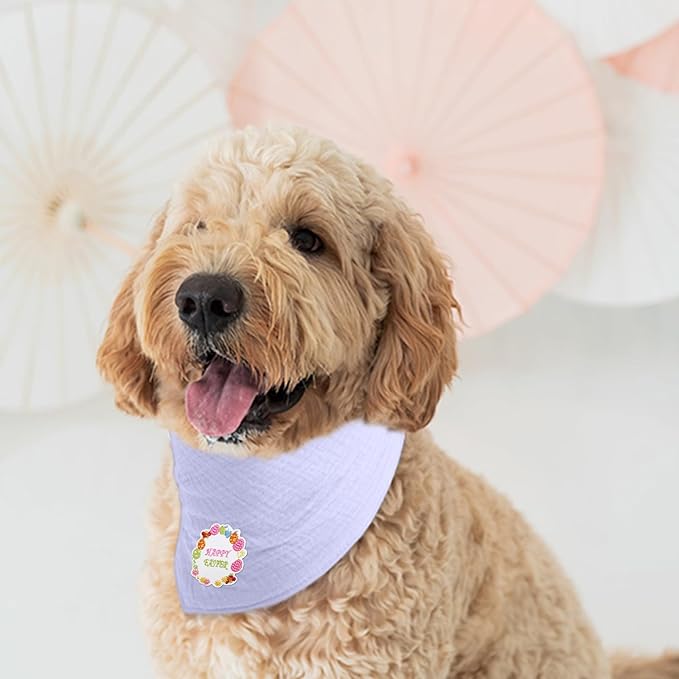 Dog's Bandanas Solid Color Cotton Easter Letter Embroidered Pet Scarf with Adustable Button,Purple,Medium