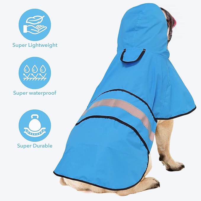 Dog Raincoat, Reflective Waterproof Hooded Pet Rain Jacket, Lightweight Dog Slicker Poncho with Leash Hole for Large Dogs (Blue, XX-Large)