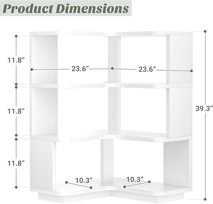Armocity Corner Book Shelf - 4 Tier Corner Bookshelf Etagere Bookcase with Baffle, Freestanding L Shaped Display Shelf Stand for Home Office, Living Room, Bedroom, Kitchen, White