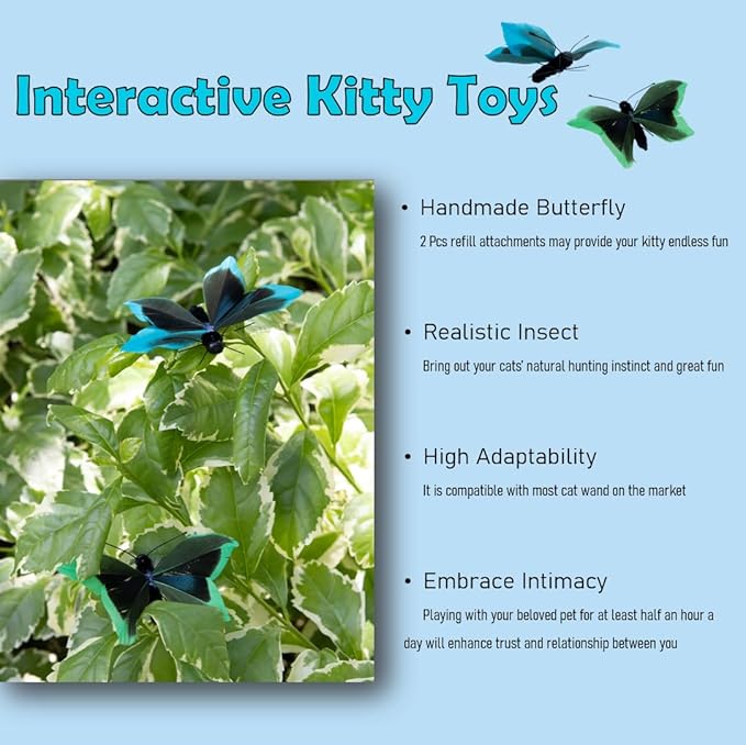 Cat Insect Feather Toys Replacement - 2 Pcs Handmade Natural Butterfly - Cat Toy Wand Refills - Interactive Kitten Teaser Wand Attachments - Cat Toys for Indoor Cats Play