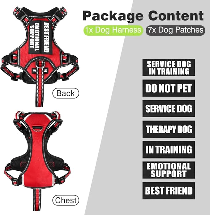 WINSEE Service Dog Vest No Pull Dog Harness with 7 Dog Patches, Reflective Pet Harness with Durable Soft Padded Handle for Training Small, Medium, Large, and Extra-Large Dogs (Small, Red)