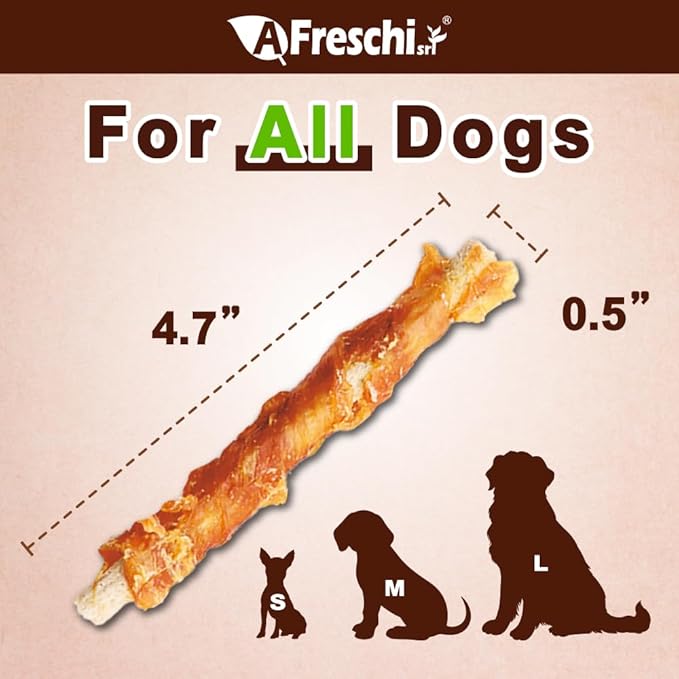 AFreschi Turkey Tendons for Dogs, USA-Sourced, Healthy Dog Treats, Rawhide-Free Puppy Chews, All Natural, Hypoallergenic Dog Treats, Classic Series, Turkey Tendon Wrapped Brown Rice Stick, 3.5 oz Pack
