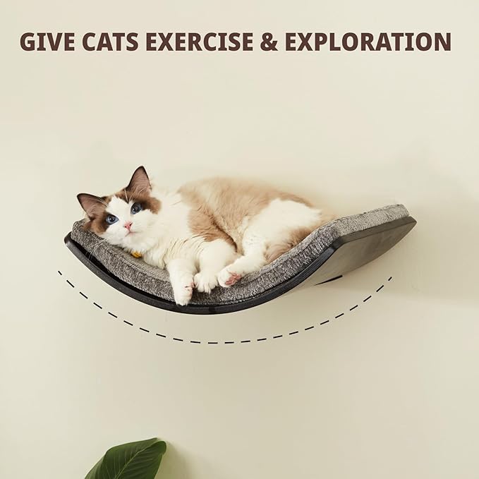 Cat Shelf with Comfortable Cushion - Curved Modern Cat Bed (Large Size) - Lotus Leaf Design Cats Wall Perch - Wall Mounted Cats Furniture for Sleeping, Playing, Climbing, and Lounging, Walnut