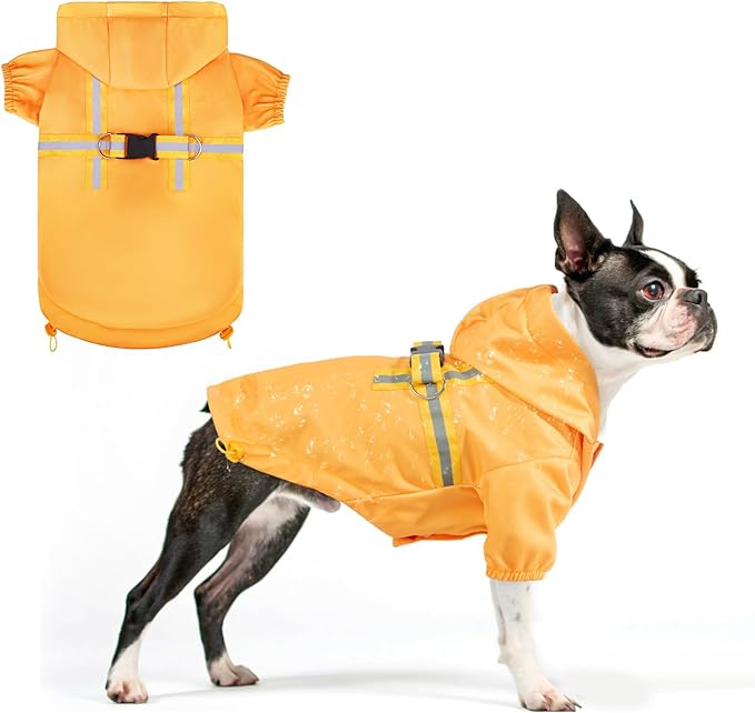 BEAUTYZOO Dog Raincoat with Harness Built-in for Small Medium Dogs and Puppies Boys Girls, Dog Rain Jacket Hooded Slicker Poncho Waterproof Reflective Dog Clothes for Winter Cold Rainy Snowy Days, L
