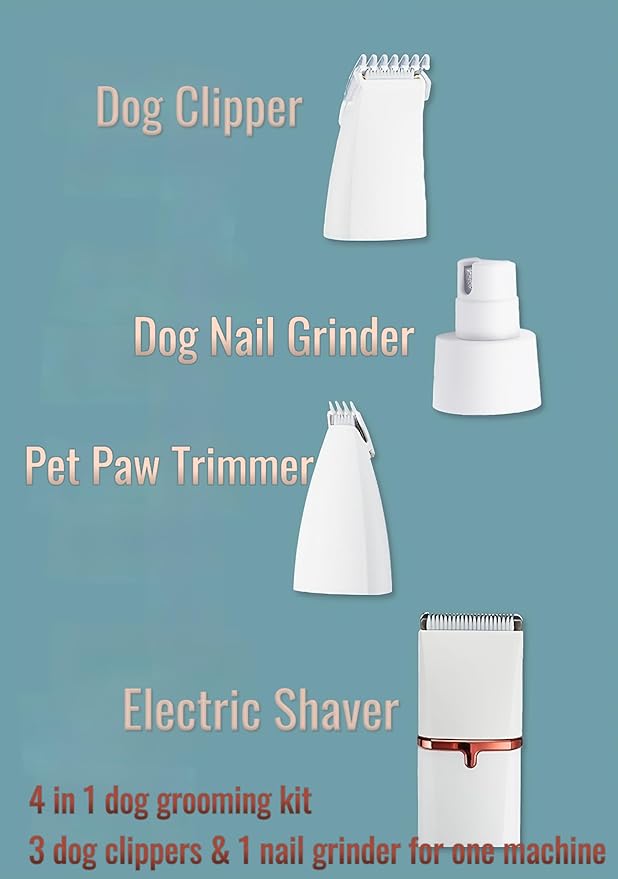 4 in 1 Pet Dog Cat Grooming Kit Dog Cat Nail Ear Paw Clipper Trimmer Pet Hair Grooming Clipper-Low Noise Rechargeable - Cordless Quiet Nail Grinder Trimming Hair Around Eyes and Ears (White)
