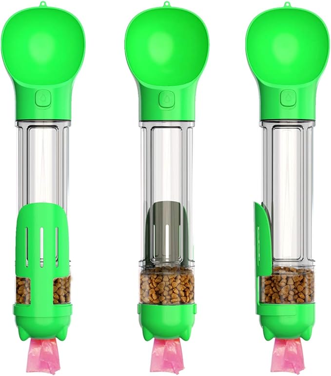 Portable Dog Bottle with Food Container,Leakproof,Poop Waste Bags Inside and Trash Shovel Design,Pet Travel Water Bowl,Essential Necessities for Dog Walking and Hiking Outdoor,Green(16.9OZ)