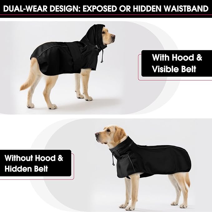 Dog Raincoats for Large Dogs with Hood, Waterproof Dog Rain Coat with Leash Hole, Reflect Strips, Ideal for Rain, Snow, Windy Weather & Outdoor Walks, Camping, Hiking - Black L