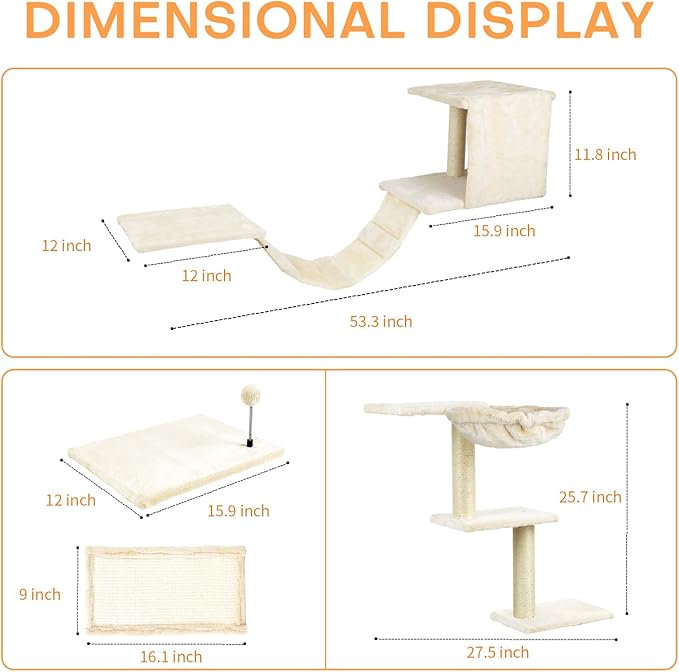 Cat Wall Furniture,Wall-Mounted Cat Climber Set with Cat Wall Shelves, Perches, Condo House, Ladder, Scratching Board & Tree - 5 Pcs Wood Indoor Cat Furniture for Play (Beige)