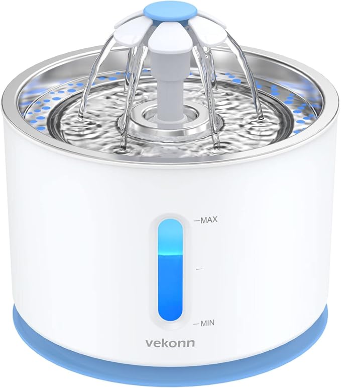 2.4L/81oz Cat Water Fountain Stainless Steel Top, Pet Water Fountain for Small Dog and Cat with LED Light and Water Level Window (Blue)