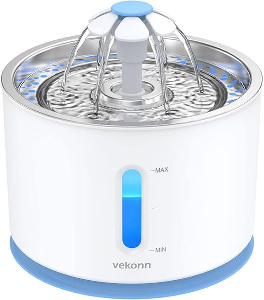 2.4L/81oz Cat Water Fountain Stainless Steel Top, Pet Water Fountain for Small Dog and Cat with LED Light and Water Level Window (Blue)