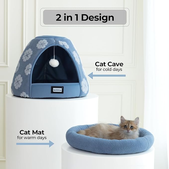 BALANCE Cat Beds for Indoor Cats, 2-in-1 Cat Bed Cave with Anti-Slip Bottom and Ultra-Soft Plush, Cozy Cats House Tent for Kittens and Small Dogs, 21 Inches, Blue