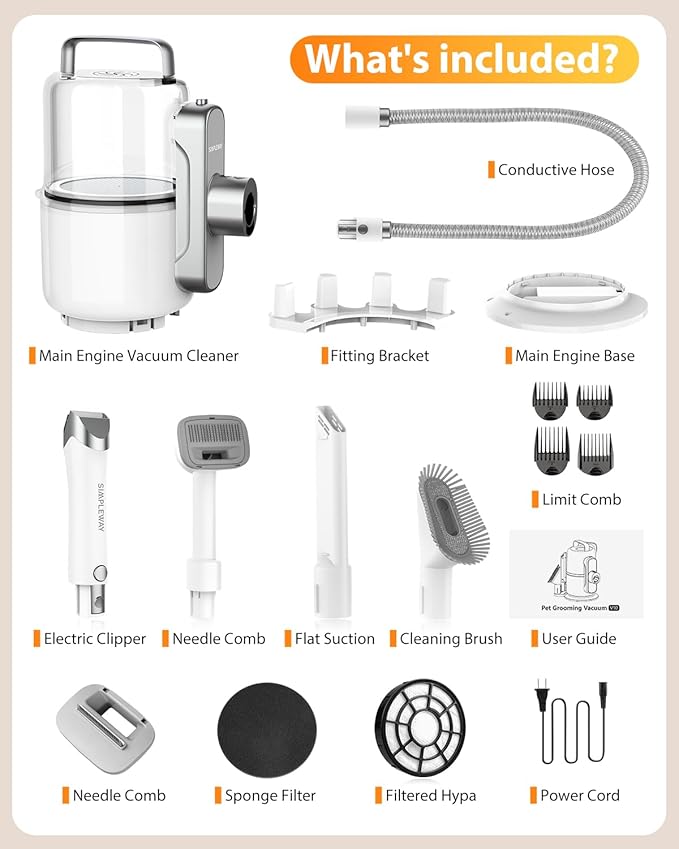 Dog Vacuum Grooming Kit for Shedding: Professional Hair Clippers Pet Groomer - Strong Suction Cleaner Deshedding Tool Fur Brush Attachment Trimmer for Home Cat (Pale White)