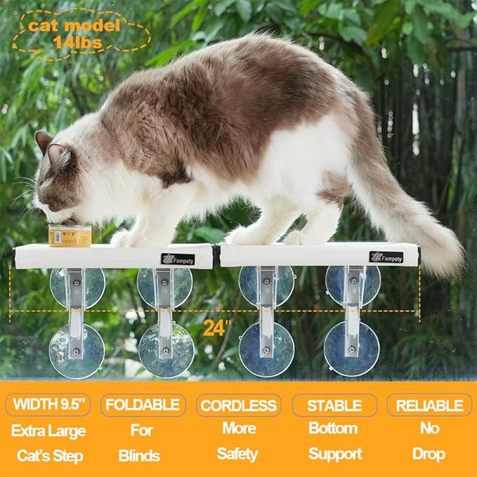 24"XL Cat Window Perch=12" Duo Pac Step=2 Mini Stand for Narrow Space,Vertical Gym Set,8+8 Suction Cup,Hold Up 80LB,Foldable Cordless Underneath Support,Textilene Seat Bed,Easy Clean&Dry-White