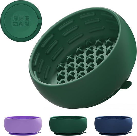 Deep Green Slow Feeder Dog Bowl for Large Breed & Puppies - Prevents Bloat & Improves Digestion - Non-Slip Dog Puzzle Toy with Suction, Made of Food-Grade Silicone