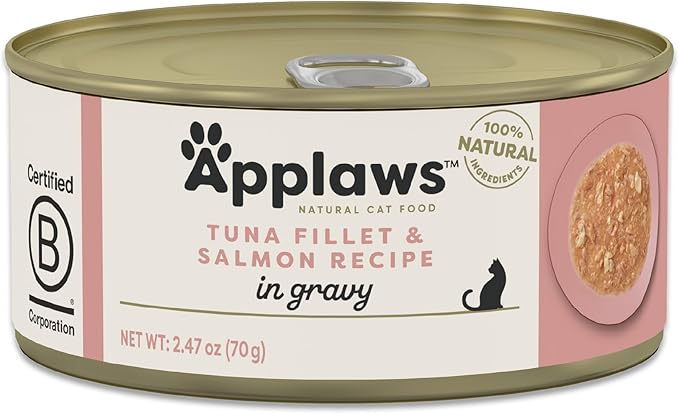 Applaws Natural Wet Cat Food, Made with Limited and Natural Ingredients, High Protein with No Artificial Additives or Fillers, Tuna Fillet with Salmon in Gravy (24 x 2.47oz Cans)