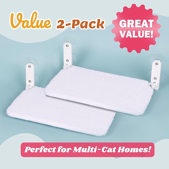 Zakkart 2PC Easy Fold Cat Window Perch - Cordless, Fold-Up, Zip Closure Embeded Machine Washable Bed Cover, Robust Metal Frame - Cat Hammock for Window for Large Cats and Kittens(White, Large, 2PC)