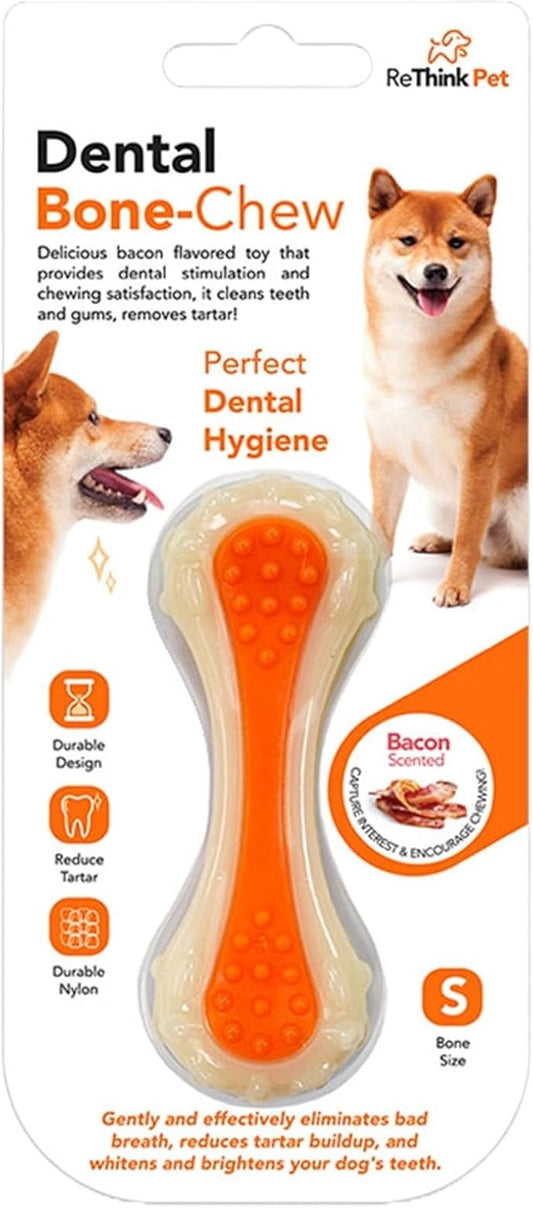 Dental Bone Chew Pet Toy Small, Bacon Scented and Flavored Dog Chew Toys, Orange